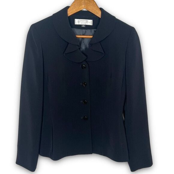 Tahari Arthur S Levine Women's Black Ruffle Collar Button Front Blazer Jacket 4P - Picture 1 of 13
